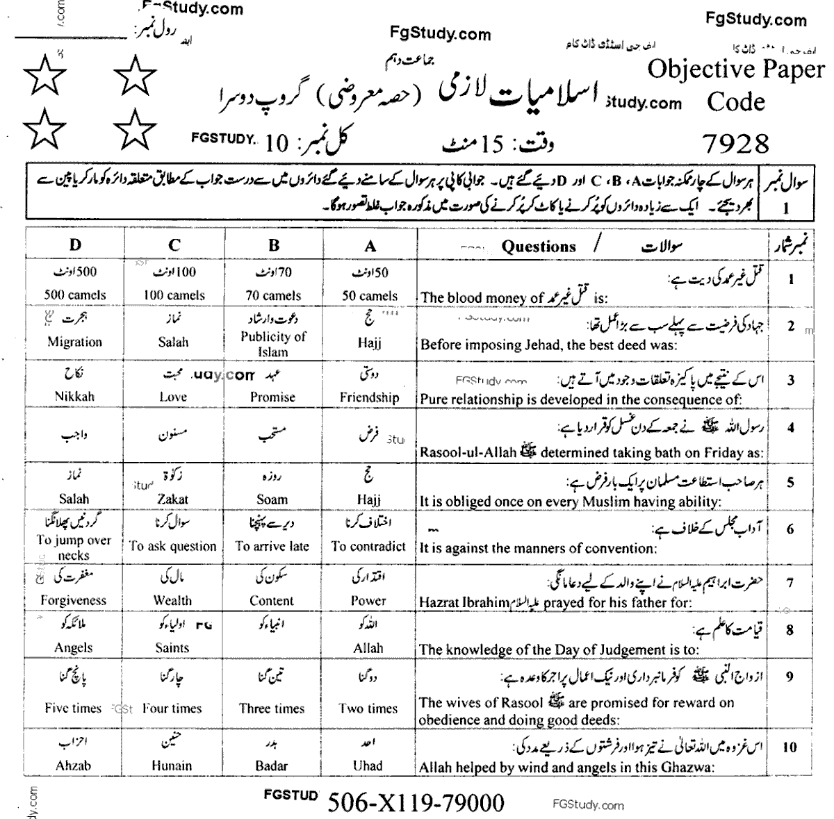 Islamiyat  Group 2 Objective 10th Class Past Papers 2019